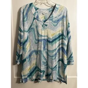 Chico's Linen Blue Marble Print Beachy Coastal Boho Chic Tunic Top Sz 3 US XL